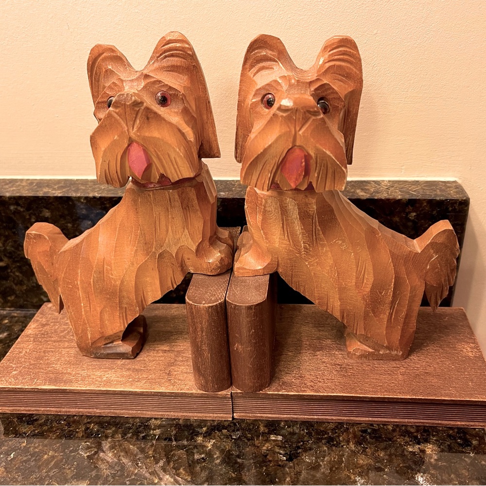 Vintage hand carved wooden Scottie dog bookends glass eyes